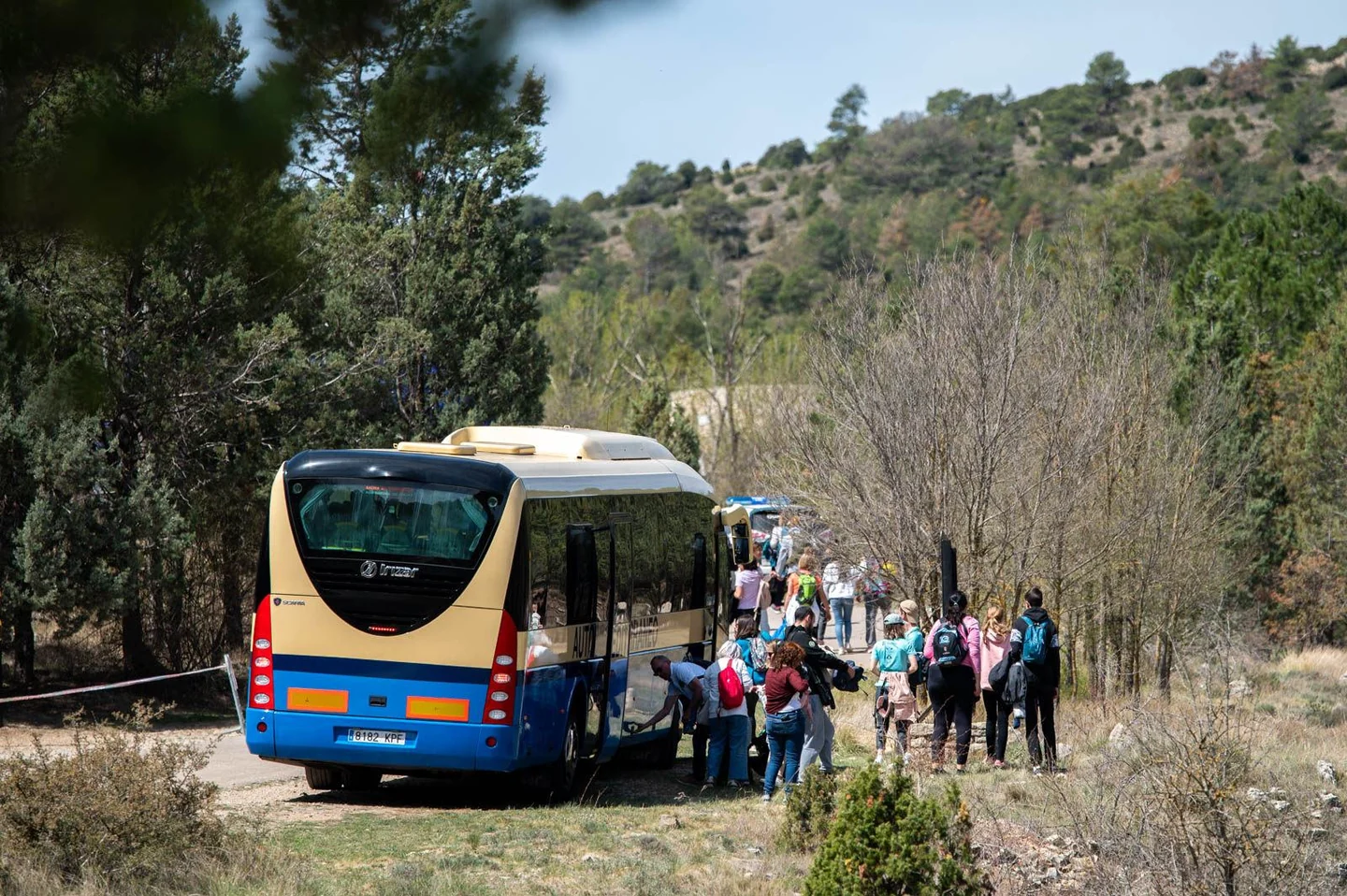 Autobús y personas junto a una carretera entre árboles